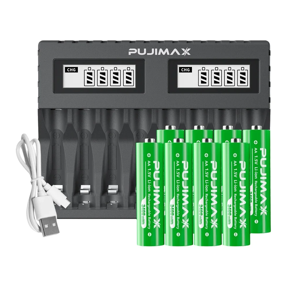 Akumulatory litowo-jonowe PUJIMAX AA/AAA 3400mWh 1100mWh 1.5V z ładowarką, do myszy, latarki, wentylatora, konsoli do gier (8pcs AAA) — Zdjęcie 2 z 2