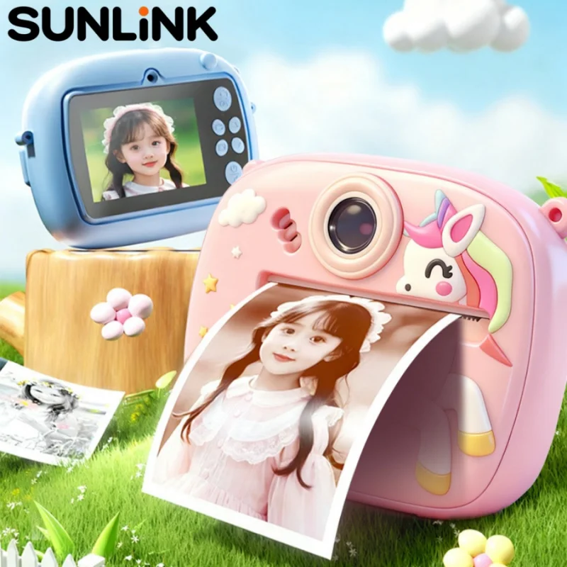 1pc children's camera HD digital instant camera photo printer cartoon unicorn mini camera game console music player