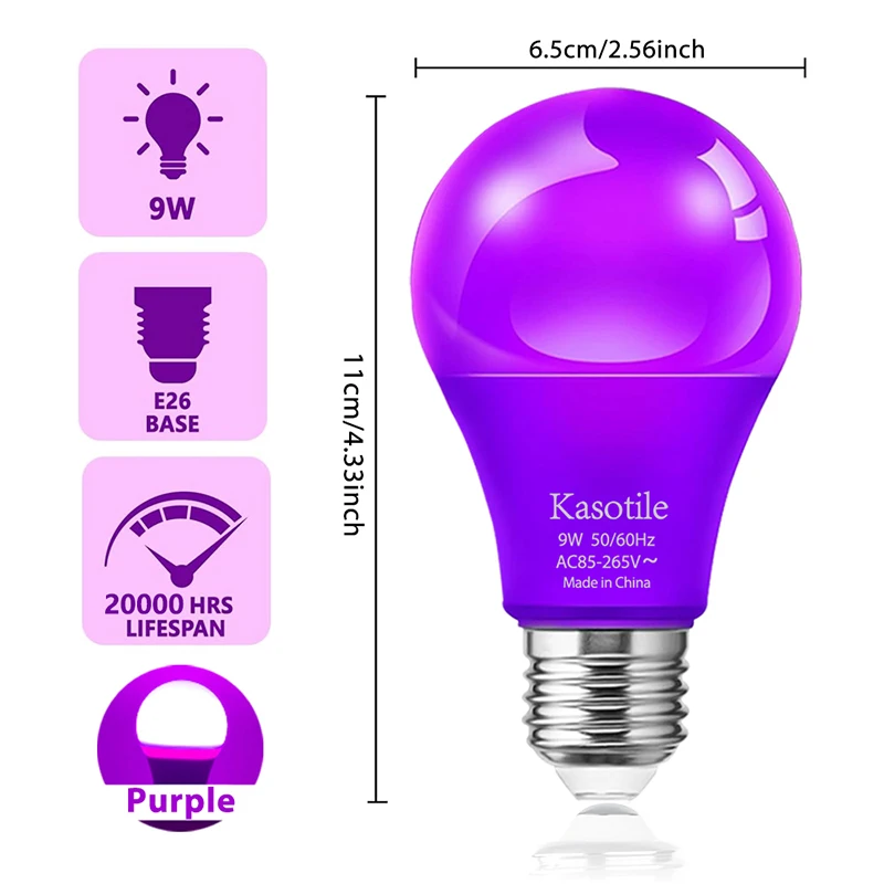 Kasotile 7 Colors LED Energy Saving Bulb E26 9W AC85-265V for Wedding Home Party Stage Decoration