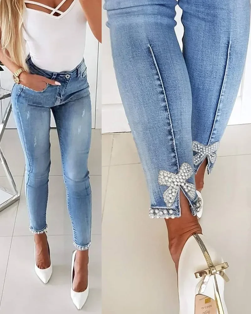 Streetwear Women's Jeans Slim Butterfly Sticky Flower Beaded Denim Pencil Pants Fashion Sexy Skinny Hip Lift Trousers