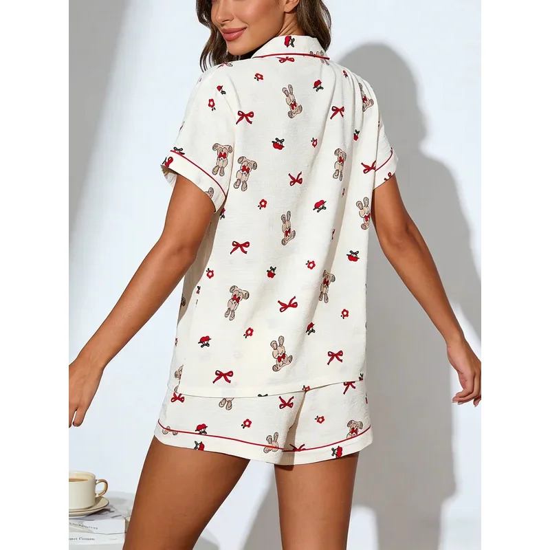 Cute Bunny Bow Cherry Print Women Pajamas Cardigan Lapel Short Sleeve Shorts 2 Piece Set Spring Summer Homewear