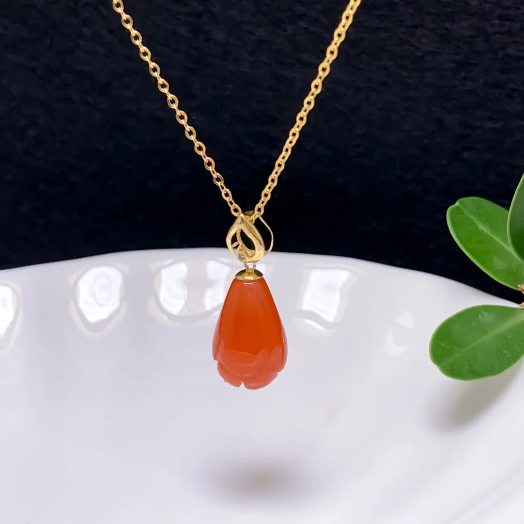 

shilovem 18K yellow Gold real Natural south Red agate pendants no necklace fine plant Jewelry classic gift plant yzz08136688nh