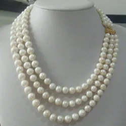 3 Rows of Natural AAA 7-8/8-9/9-10mm South China Sea White Pearl Necklace 18inch 19inch 20inch 