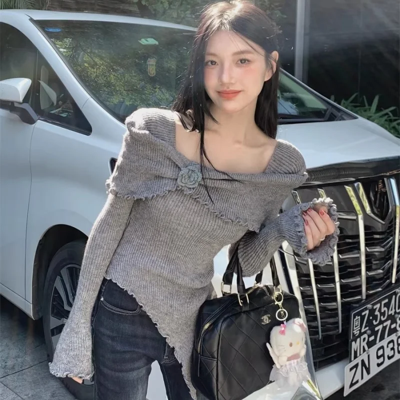 

Slash Neck Irregular Sweater Spring Autumn Women Slim Floral Pullovers Knitwears Female Long Sleeve Knitted Bottom Short Tops