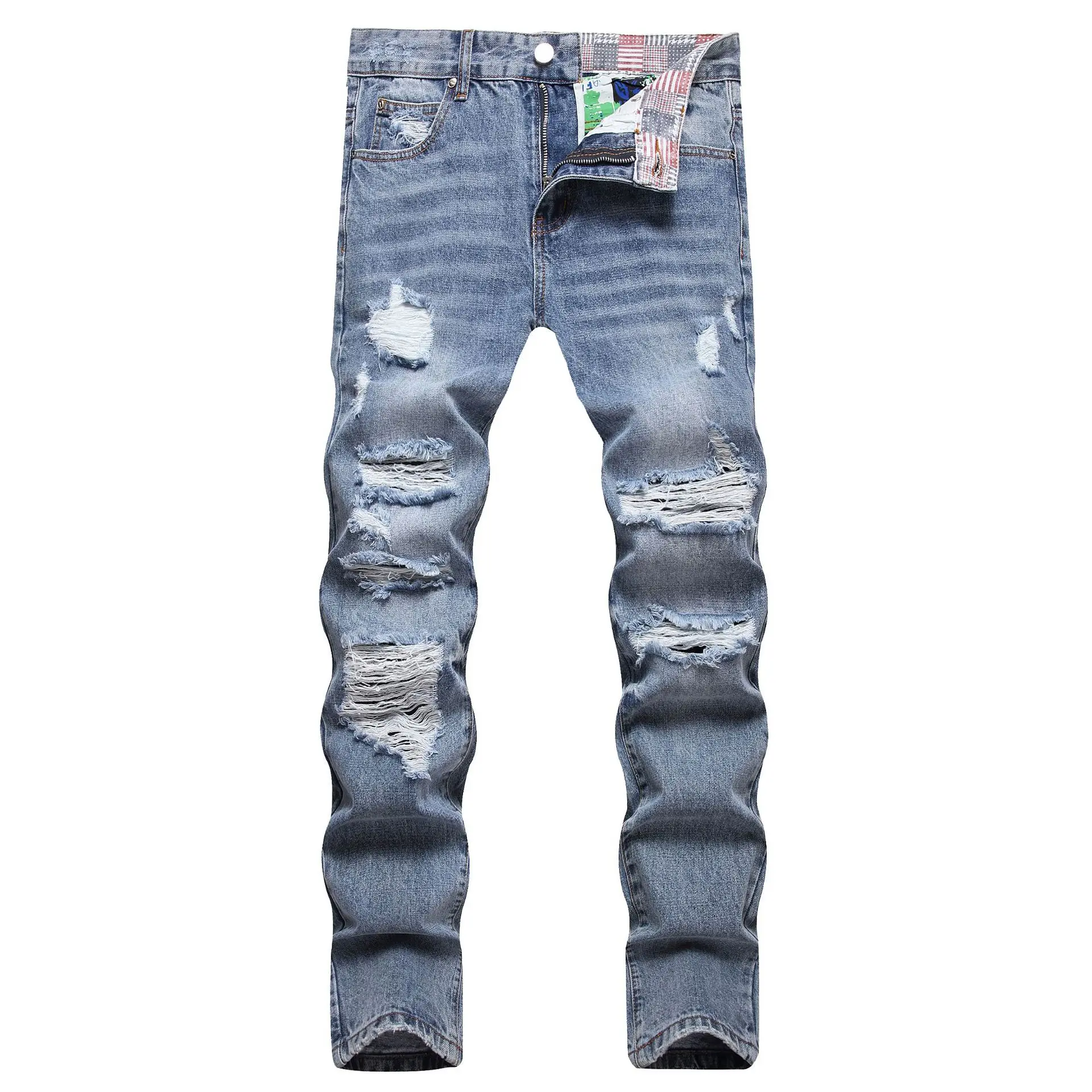 

Hot Men's Retro Blue Jeans Ripped Trendy Stretch Slim Pants High Quality Versatile Male Trousers Fashion Personality Streetwear