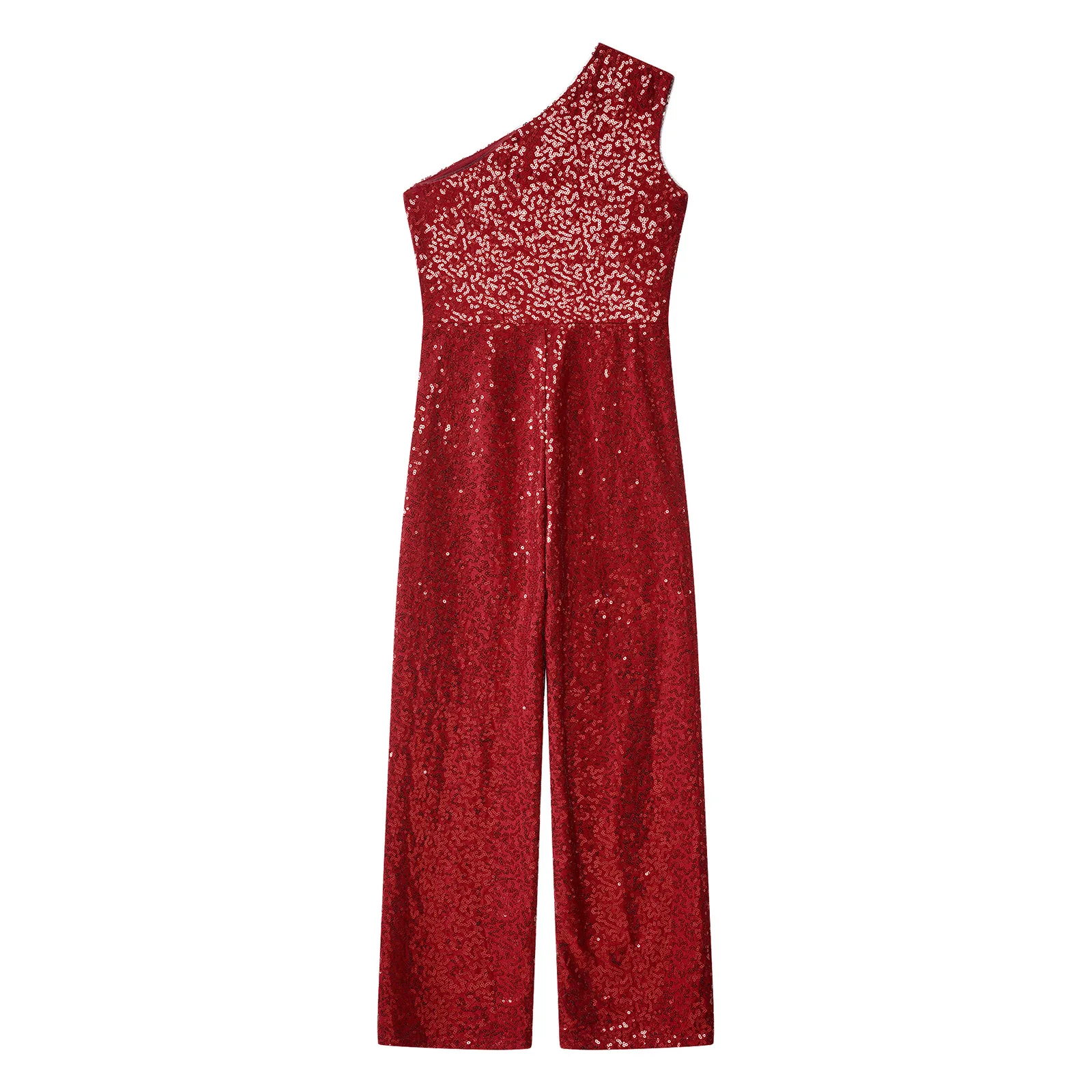 Kinder Mädchen Pailletten One Shoulder Tanzspielanzug Ärmellos Hohe Taille Gerade Hosen Einteiliger Overall für Cocktailsabende