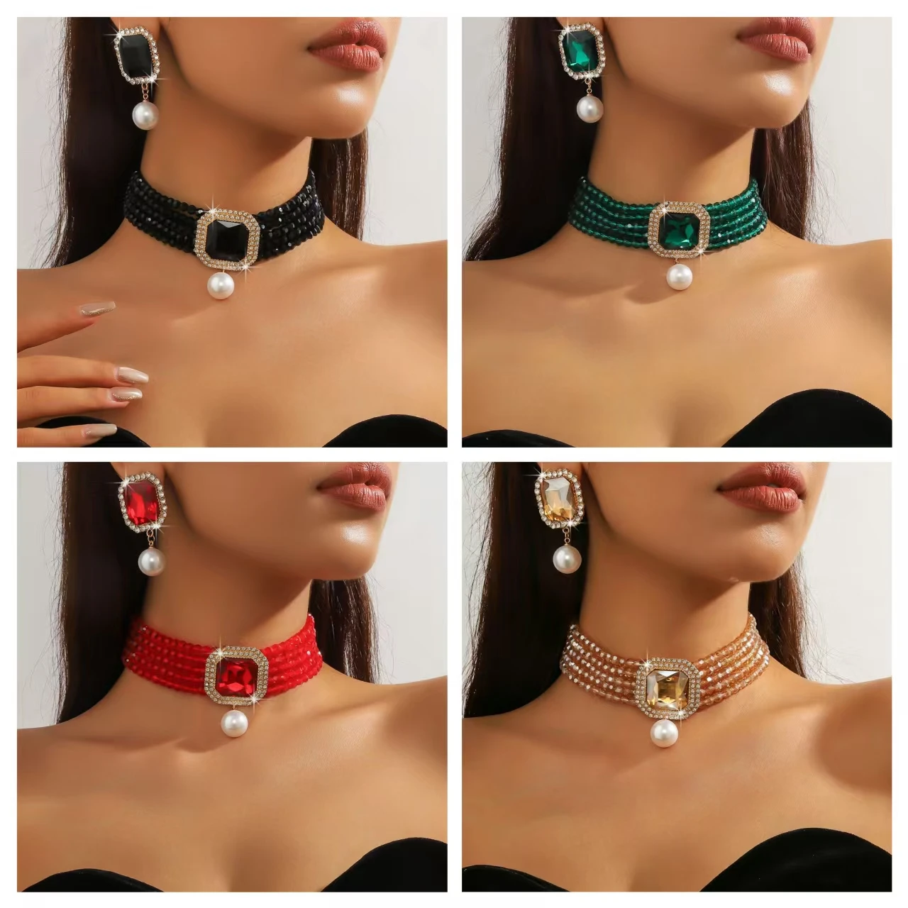 Exaggerated quick-neck chain, fashionable and colorful rhinestone necklace and earrings, exquisite water drop pendant, suitable