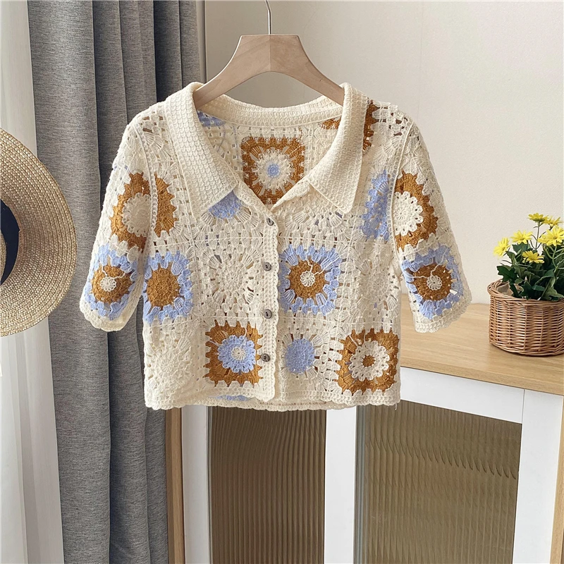 Granny Square Crochet Button-up Top Short Sleeve Sheer Open-knit Crop Cardigan for Women Teengirl Fairycore Vintage Outfit