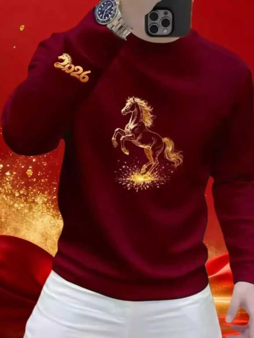 

Красная круглая толстовка с принтом Ne Long Sve, модная базовая модель для мужчин, на Новый год, из полиэстера