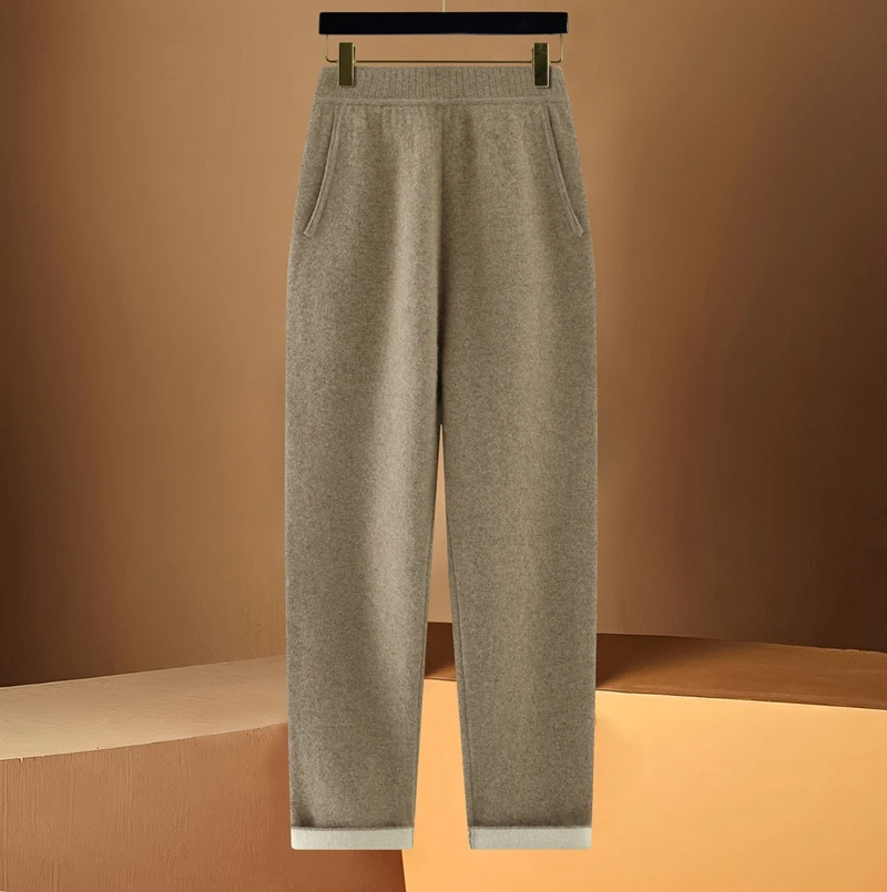 High Waisted Cashmere Pants, 100% Pure Wool, Thickened Hem, Temperament, Small Leg Belt Pockets, Elastic Waist Wear, Autumn