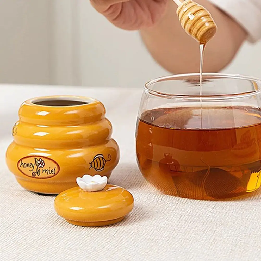 

1Set Ceramic Honey Storage Jar 140Ml Lidded Pot for Kitchen Syrup Jam Dispenser Household Container Retro Desktop Organizer