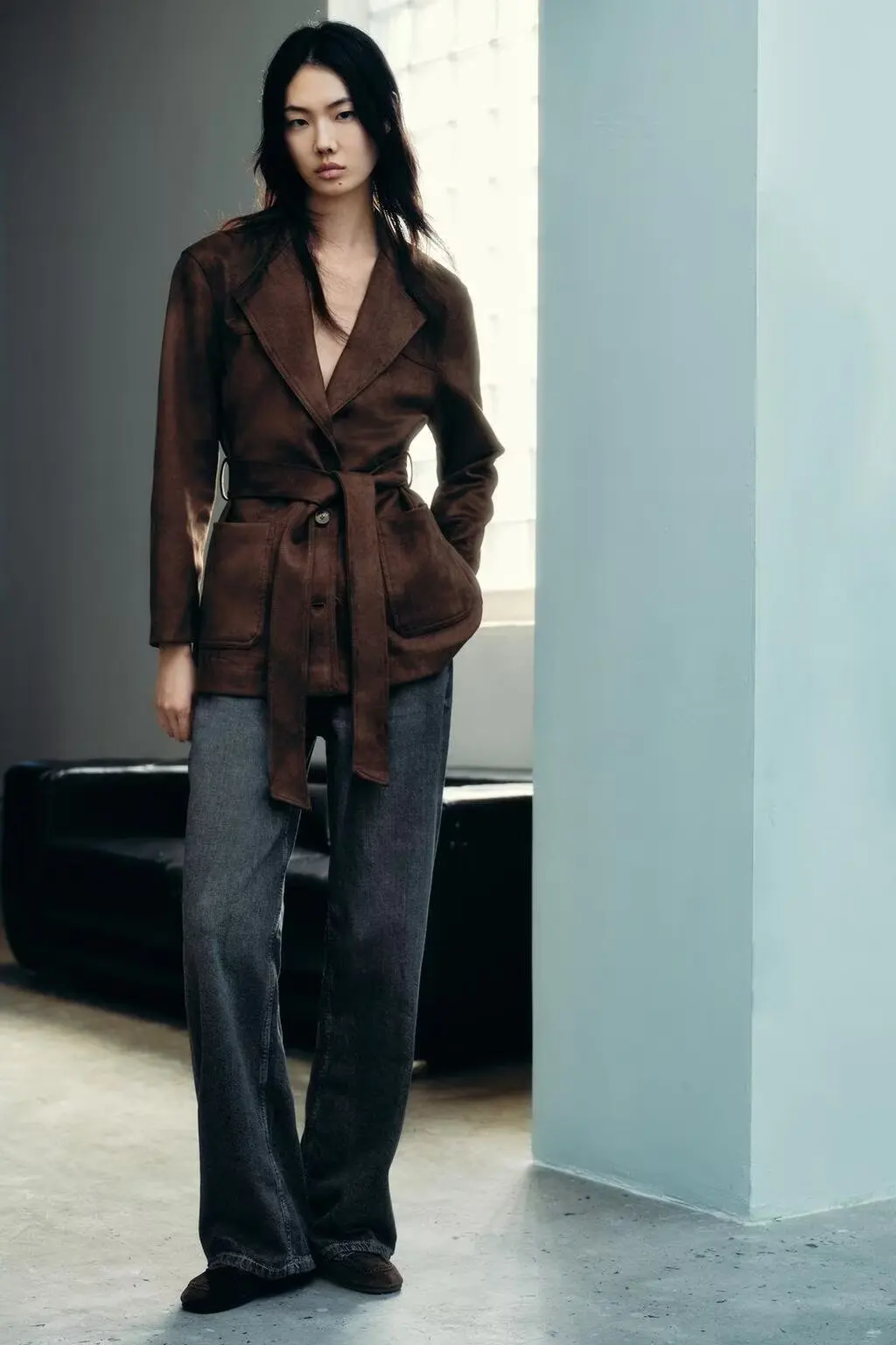 

BB6813 ZA25 осенняя новая женская одежда, ветровка средней длины на шнуровке, замшевая куртка, кожаная куртка 4968221