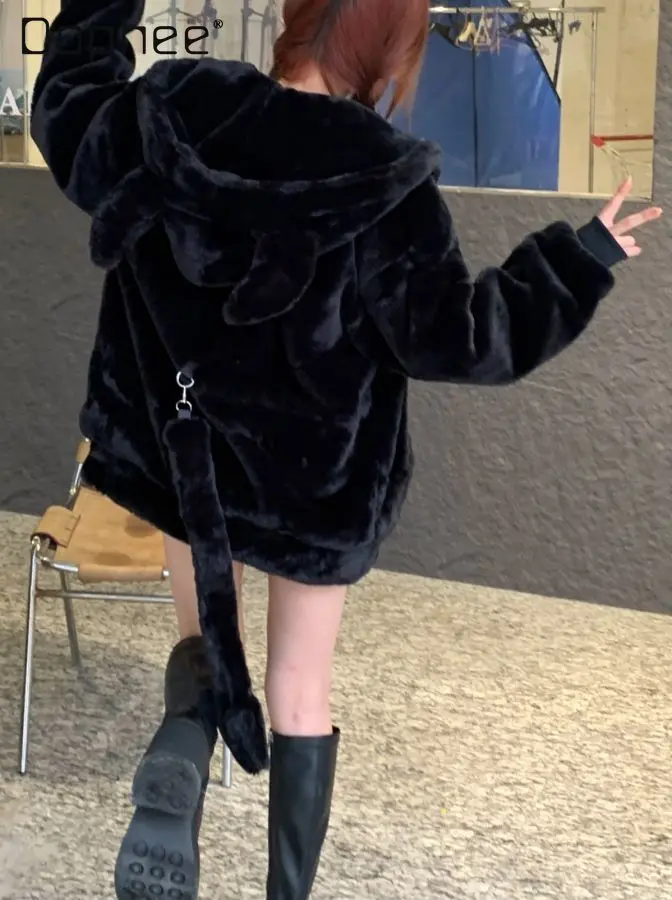 Original Cute Ear Plush Coat for Women 2025 Autumn Winter New Black Thickened Cute College Style Kawaii Loose Warm Faux Fur Coat