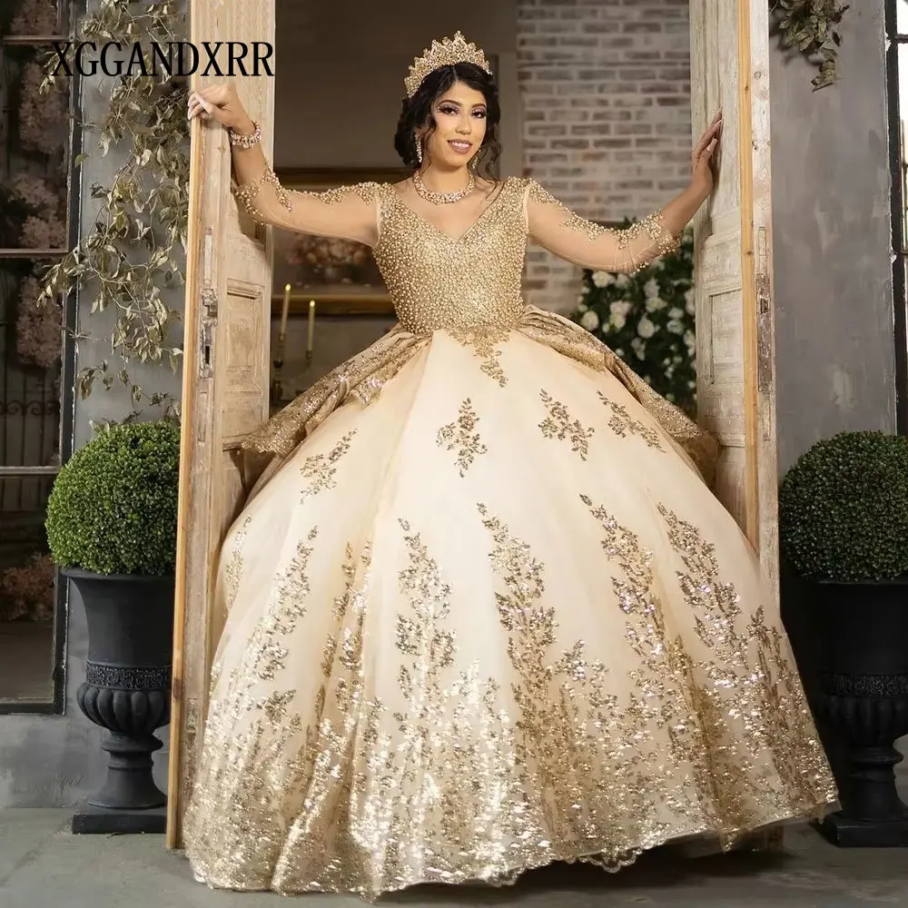 XGGANDXRR-vestido mexicano quinceanera, pérolas douradas, vestido de baile de mangas compridas, vestido doce 16, espartilho em camadas, vestidos de XV anos