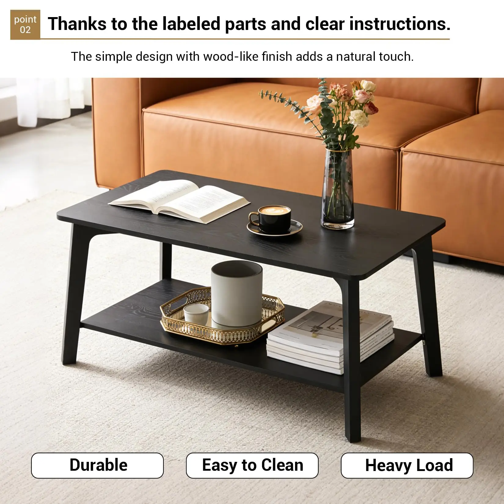 Mid Century Modern 2 Tier Coffee Table With Storage Black image 4