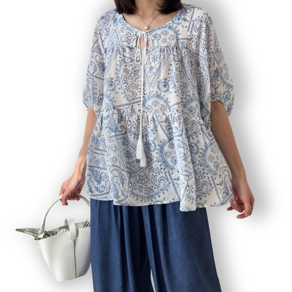 Women's Casual Summer Clothing Blue and White Porcelain Print 100% Natural Mulberry Silk Double Crepe Lantern Sleeves T-shirt