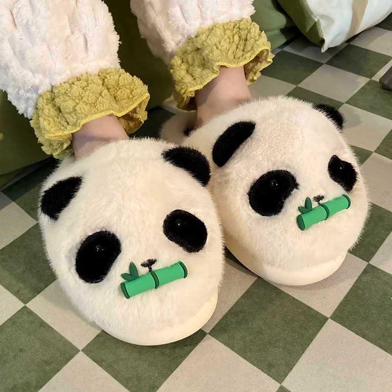 

New winter lovely panda slipper women's warm home shoes female furry slides unisex house slipper 44 45 woman fluffy flip flops