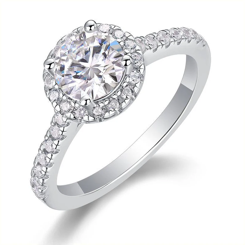 

1Ct Round Moissanite Engagement Ring Halo Pave S925 Silver D Color VVS1 Wedding Band Bridal Jewelry For Women