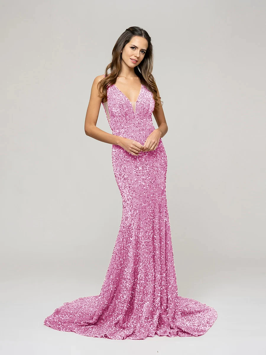 

Women's Deep V-Neck Long Evening Dresses Backless Sleeveless Mermaid Court Train Cocktail Dress Sparkly Sequin Formal Party Gown