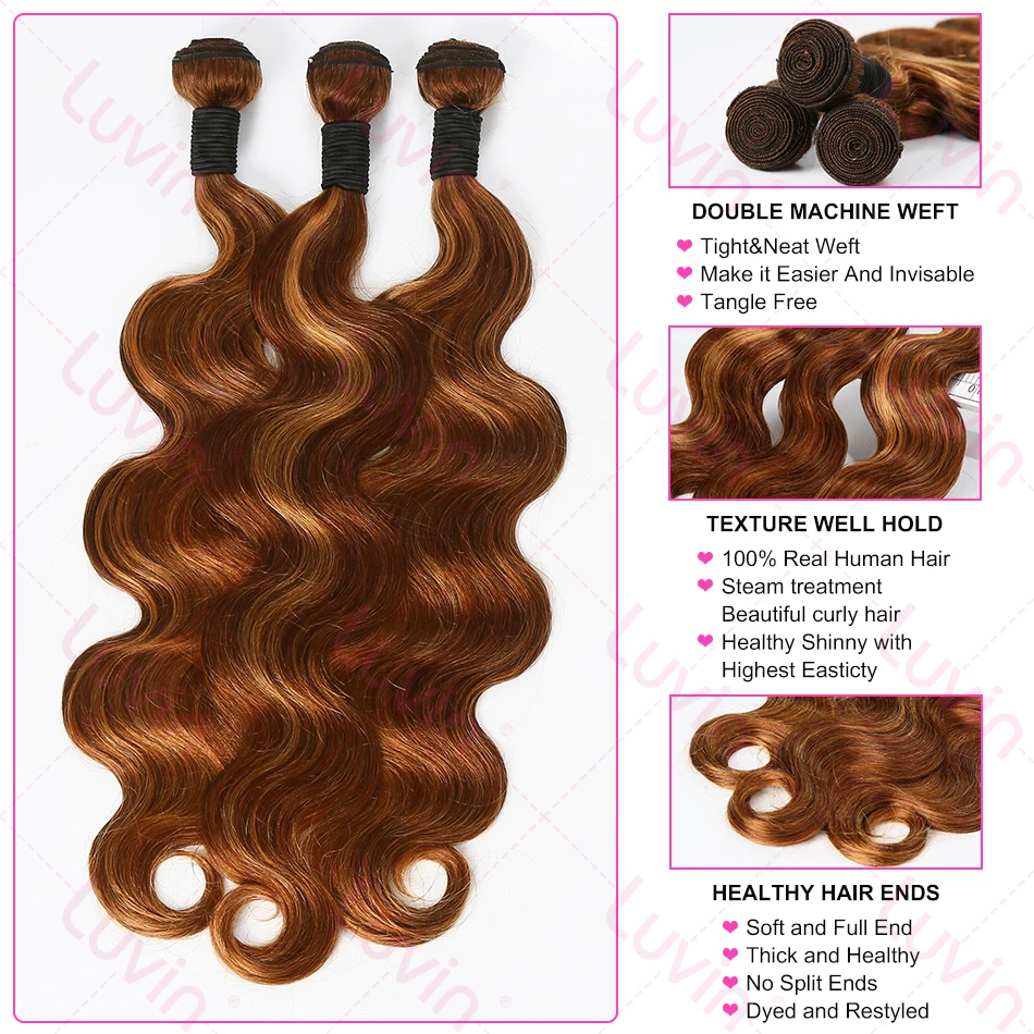 30 32 Inch Body Wave Highlight 100% Raw Human Hair Bundles 4/27 Colored Brazilian Hair Extensions Quick Weaves For Women Tissage