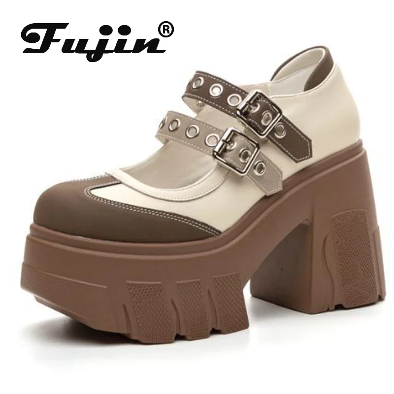 

Fujin 11cm Synthetic Patent Genuine Leather Chunky Heels Pumps Summer Ankle Boots Mary Jane Chunky Heels Buckle Platform Shoes