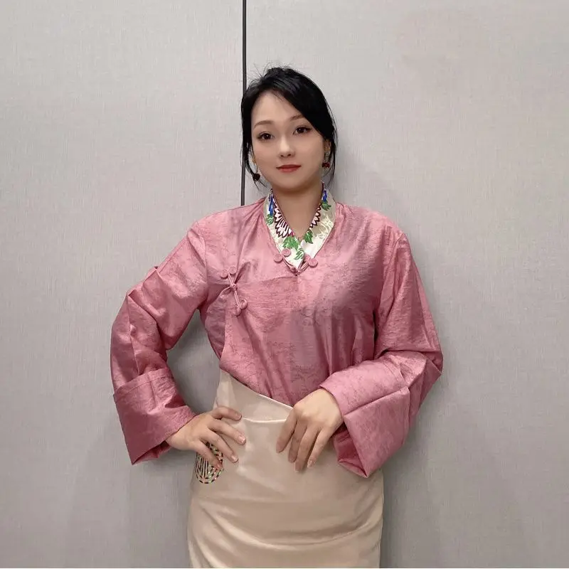 チベットの高級Vネックシャツ夏涼しいチベットトップ