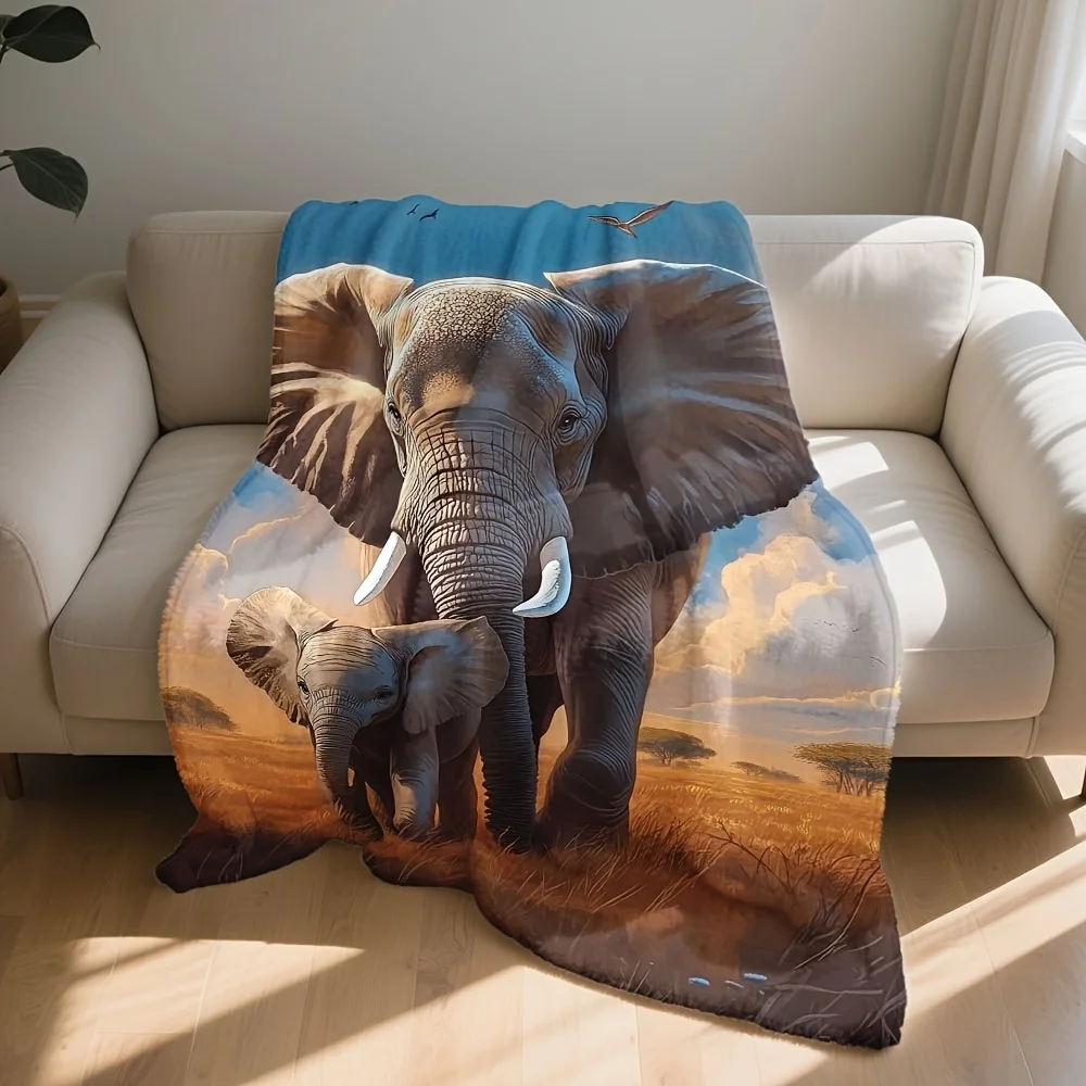 Decorative Elephant Family Blanket Throw Safari Wildlife Art Mural Cozy Home Decor Printed Giant Animal Artwork