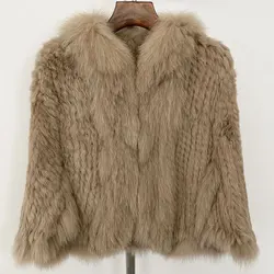 Real Rabbit Fur Coat 2024 Winter New Natural Real Rabbit Fur Natural Fox Fur Collar Autumn Winter Knitted Shawl Fur Jacket