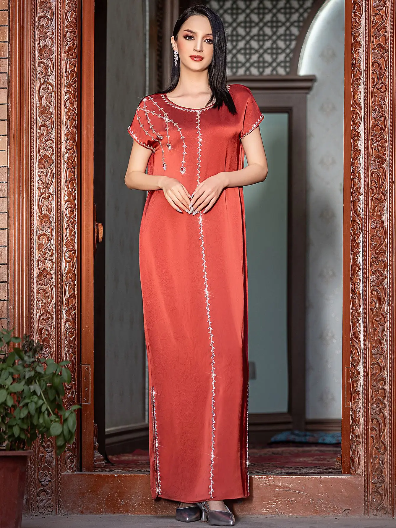 

Летнее платье макси с бриллиантами Abaya 2025 года, женское платье макси с короткими рукавами, Дубайский кафтан, мусульманский марокканский кафтан, Турция, Femme Musulmane, Vestidos