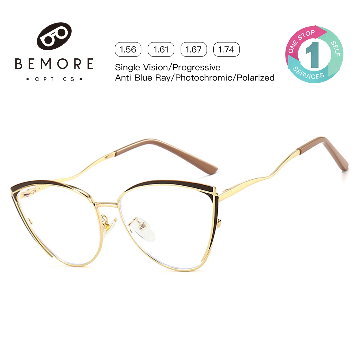 bemore-高品質メタル製ブルーライトカット女性用キャットアイリーディンググラス、度数調整可能（0～-400）