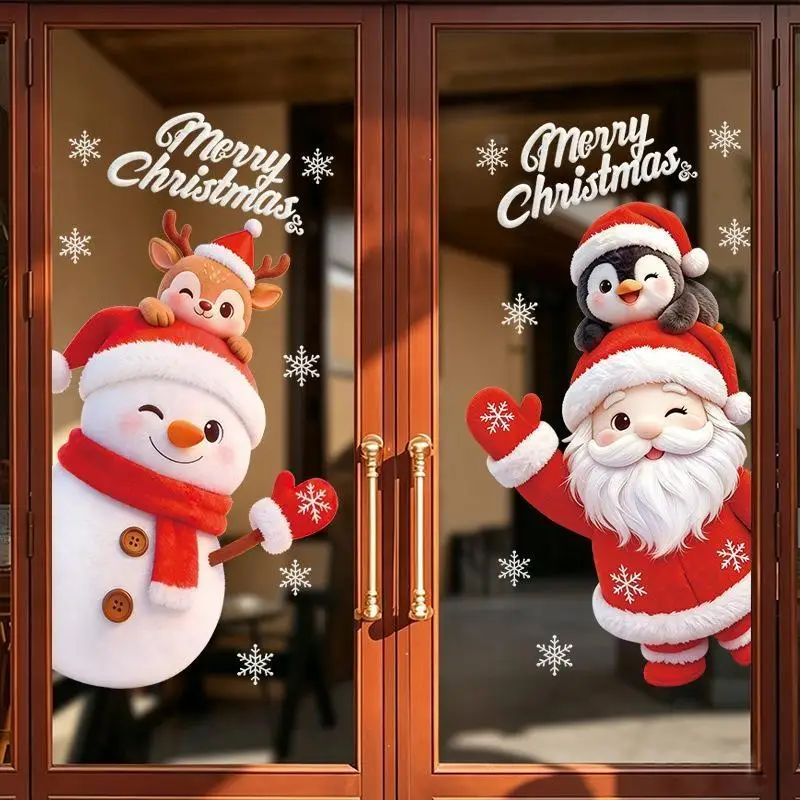 2027 Christmas Window Clings Cute Santa Snowman Pattern Removable Adhesive For Home Store Restaurant Holiday Decor