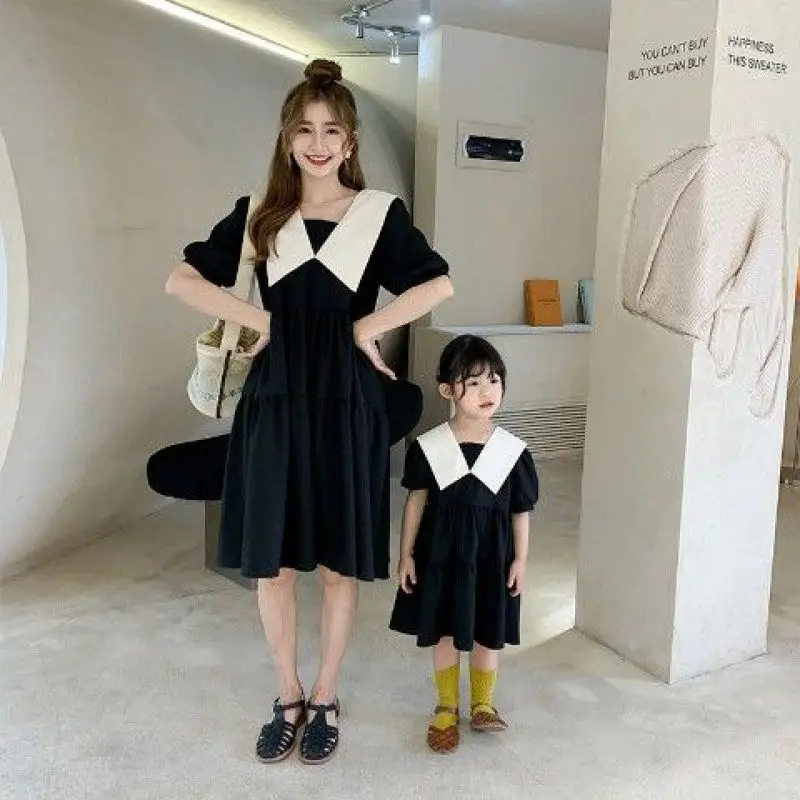 Parent-child Wear 2022 New Trendy Summer Korean Version Cute Mother and Daughter French Doll Collar Dress family matching cloth