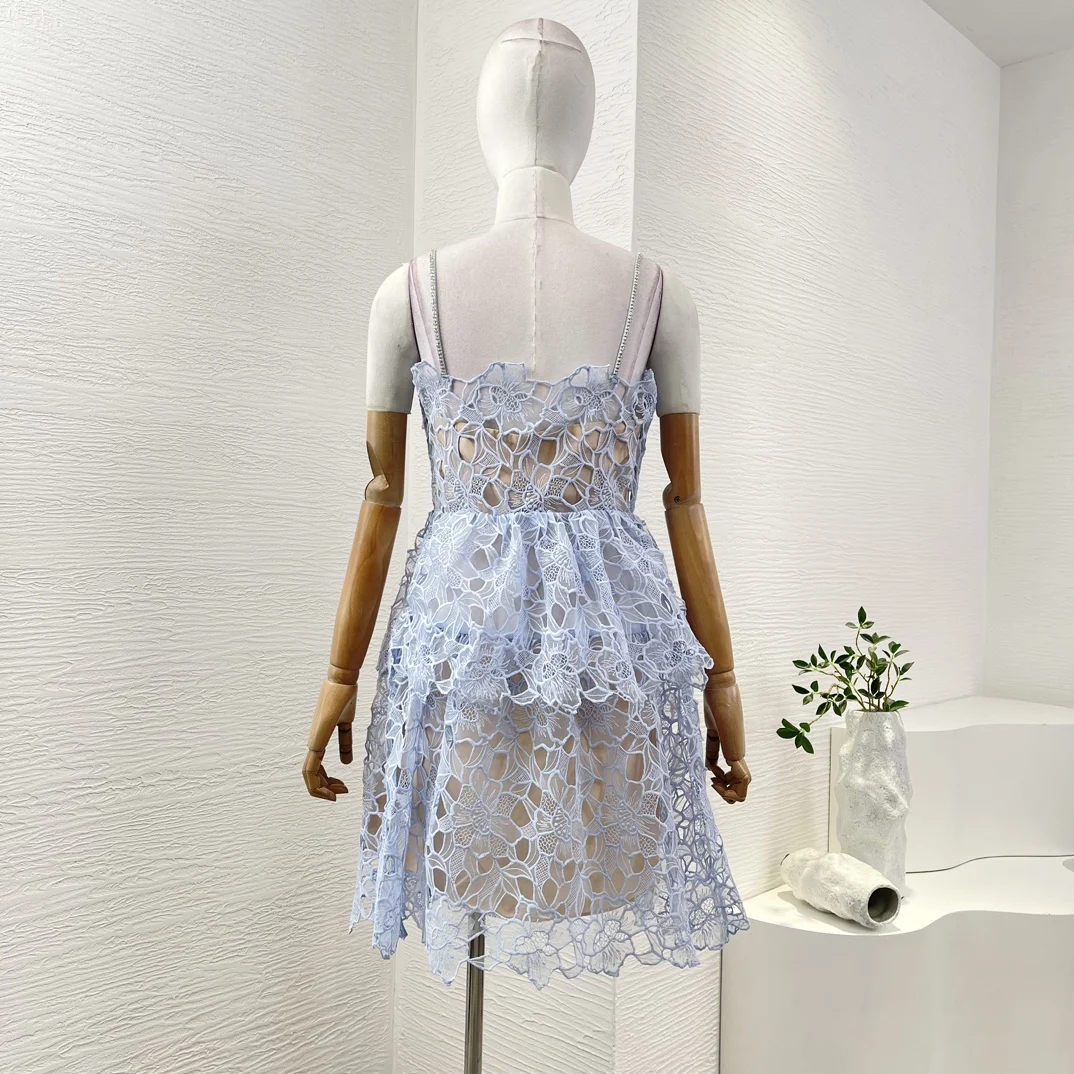 2024 New Fashion Sky Blue Polyester Lace Slip Sleeveless Hollowed Out Mini Dress for Women