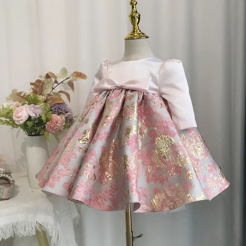 

2025Girls' First Birthday High-end Stylish Printed Satin Korean Style Puffy Long Sleeve Princess Dress