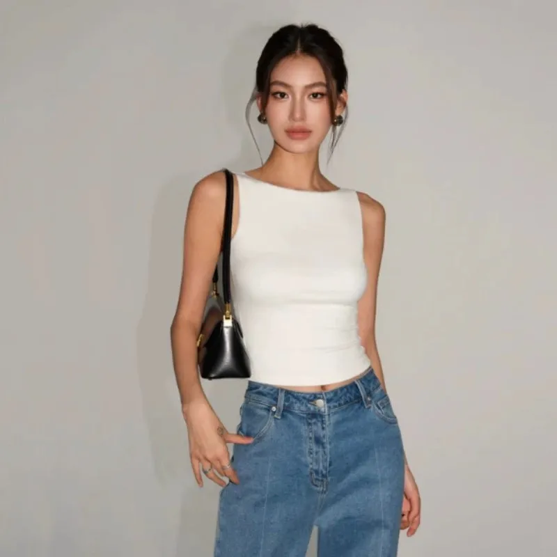 

new Women Double Layer Boat Neck Soft Slinky Tank Top New slim fit sleeveless T-shirt short top