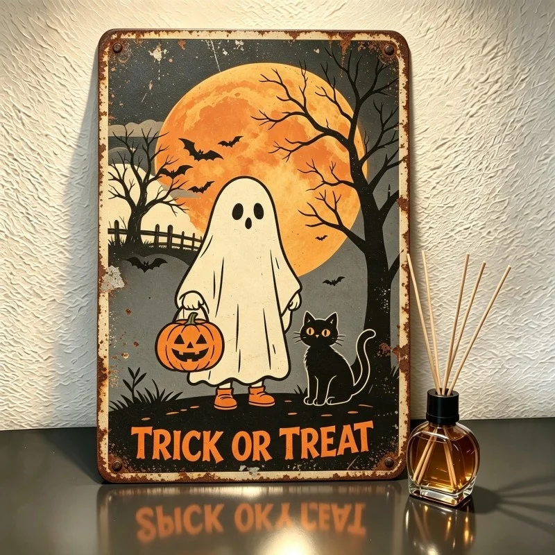 2D Flat 1pc 8x12 Inch Metal Sign Featuring Vintage Halloween Trick Or Treat Art with Ghost, Black Cat and Full Moon for Hallo