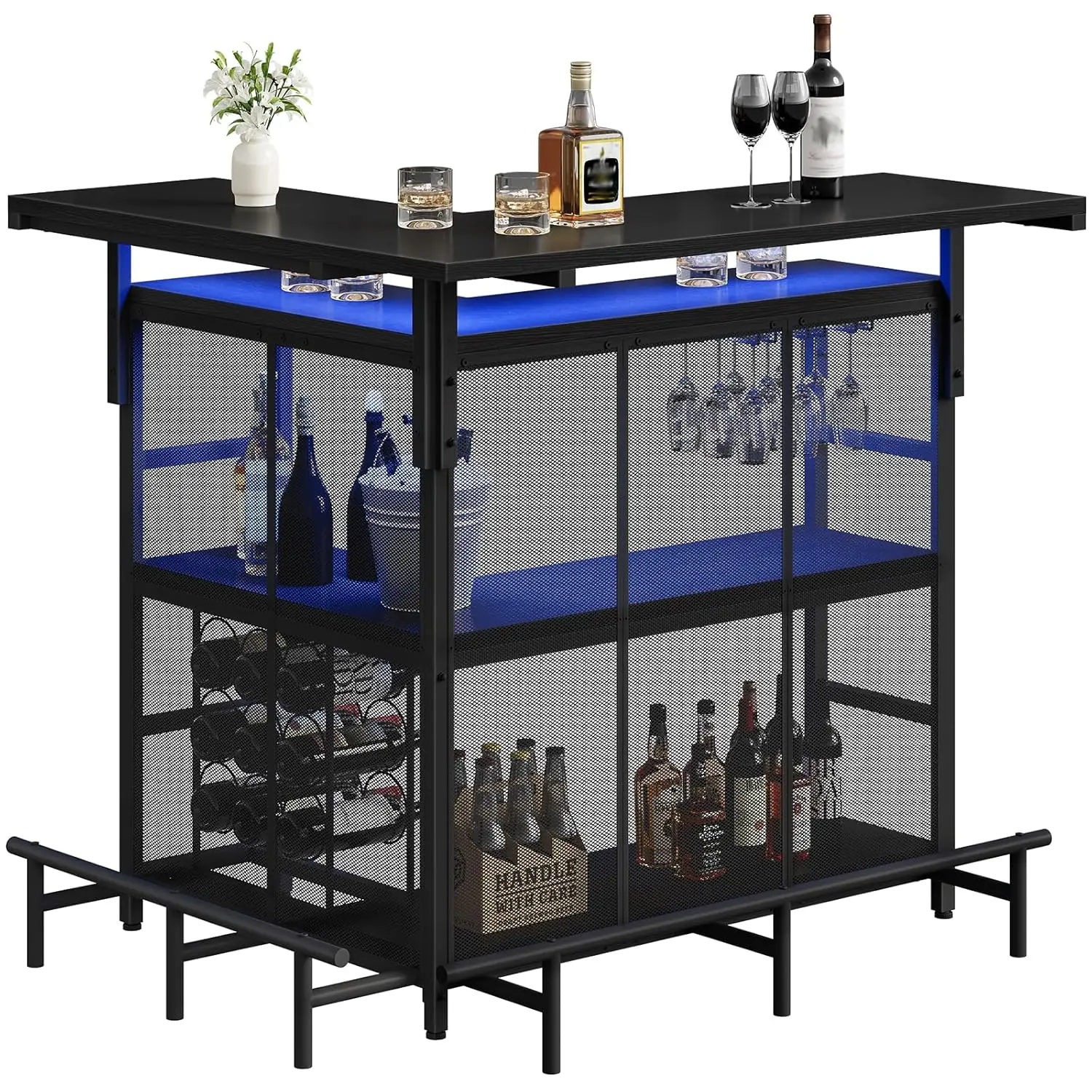 #L-Shaped Bar Table Glasses Holder 4-Tier Shelves Corner Liquor Cabinet LED APP Control Home Pub, Customized