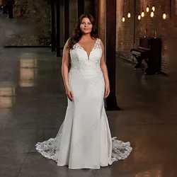 LAYOUT NICEB Large Size Wedding Dress 2024 Appliques V-Neck Sleeveless Bride Gowns Satin Mermaid Robes De Mariée Boho Custom