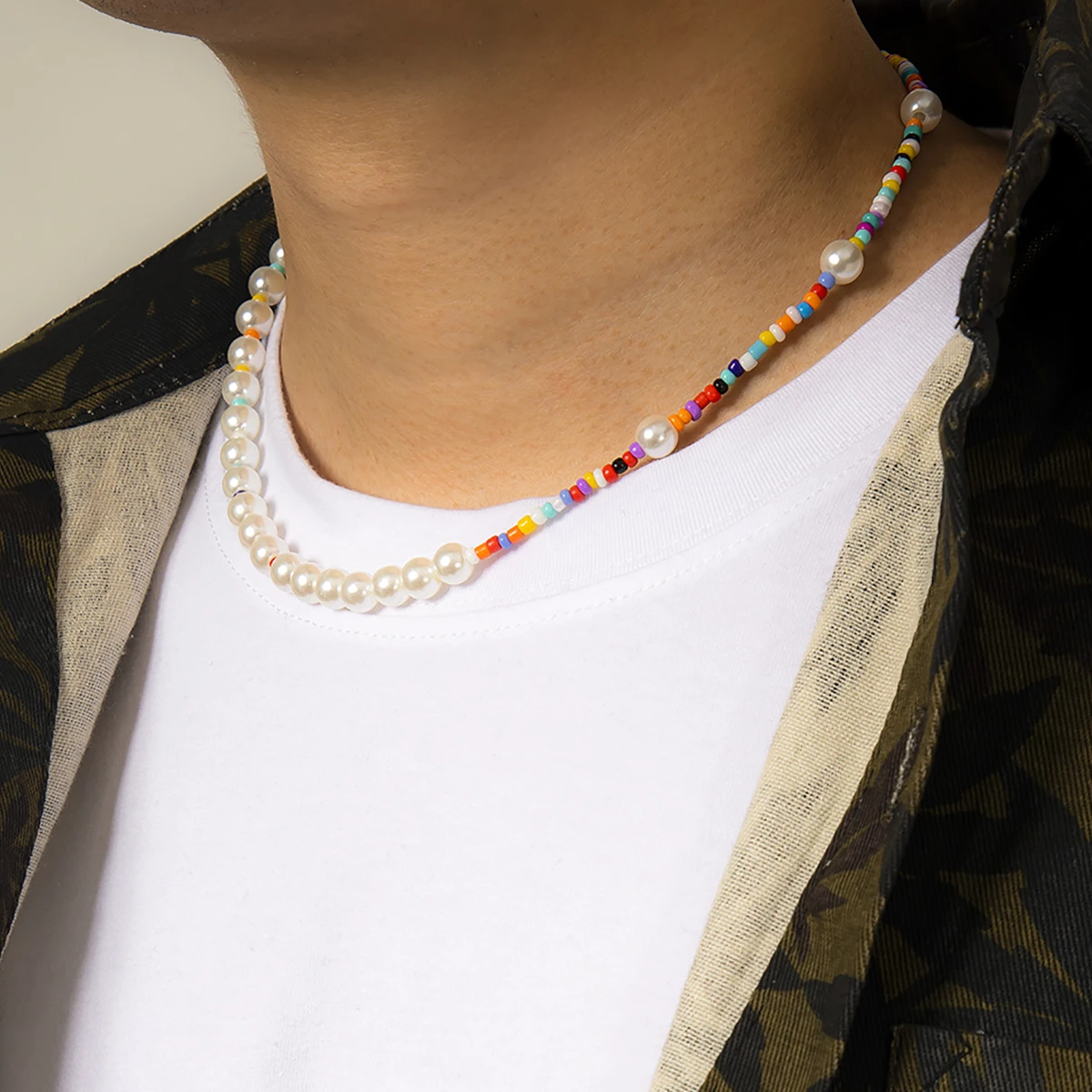 Boho Colorful Handmade Beaded Short Collar Clavicle Chain Imitation Pearl Necklace for Men Women Girls 2021 New Korean Jewelry