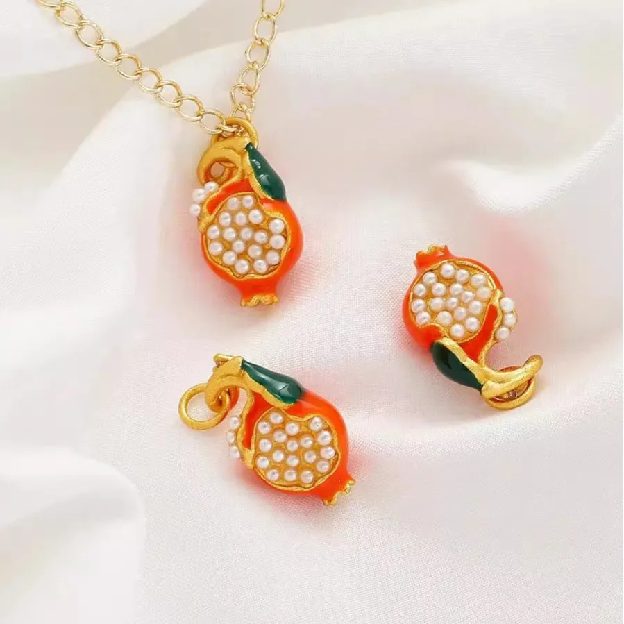 Sand Gold High Color Retention Enamel Pearl Gourd Pomegranate Pendant DIY Jewelry Findings