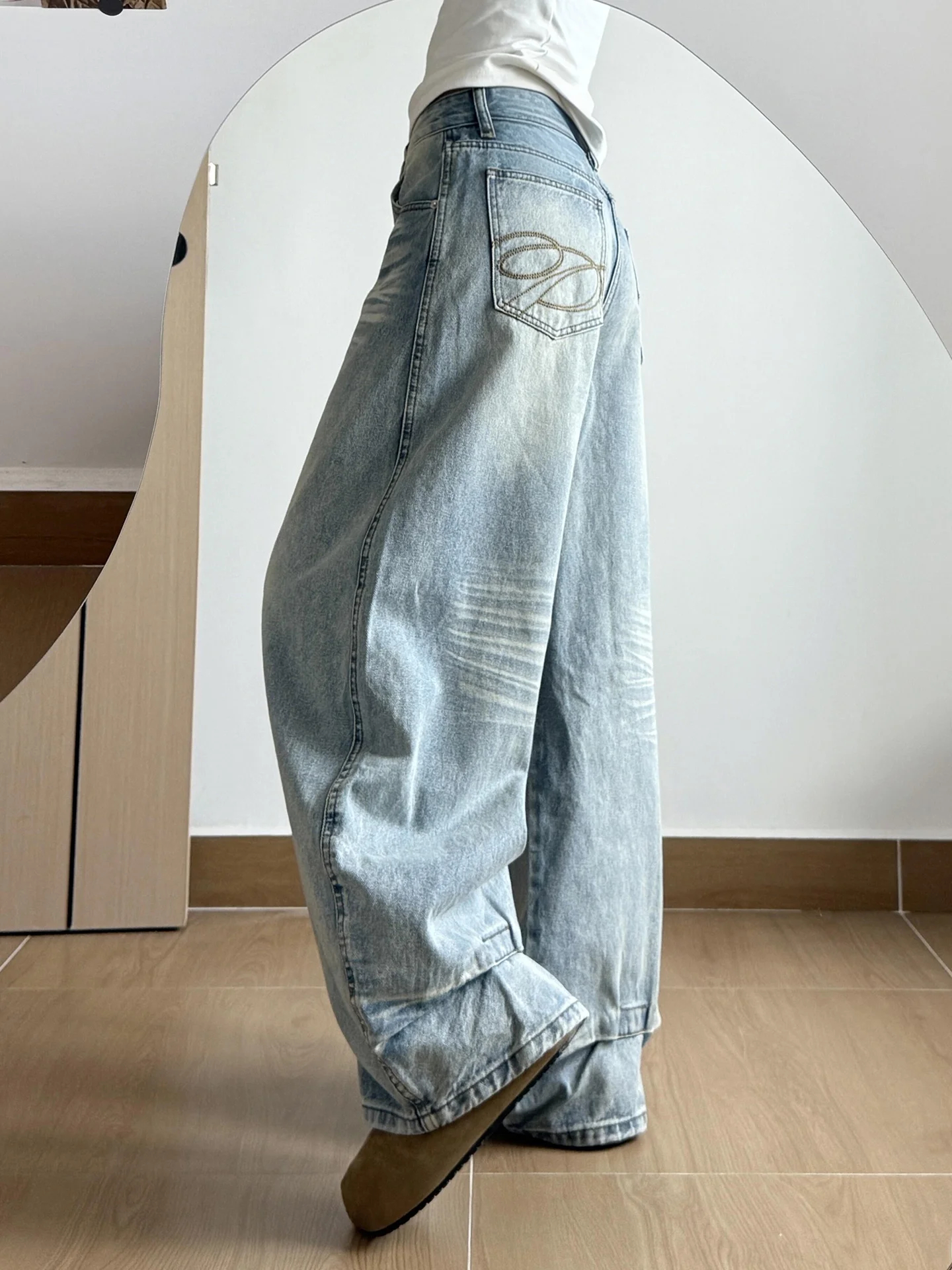 

Ретро-джинсы американского стиля с широкими штанинами и прямым кроем, больших размеров, женские, свободного кроя, с высокой талией, из смесового хлопка и полиэстера, деним.