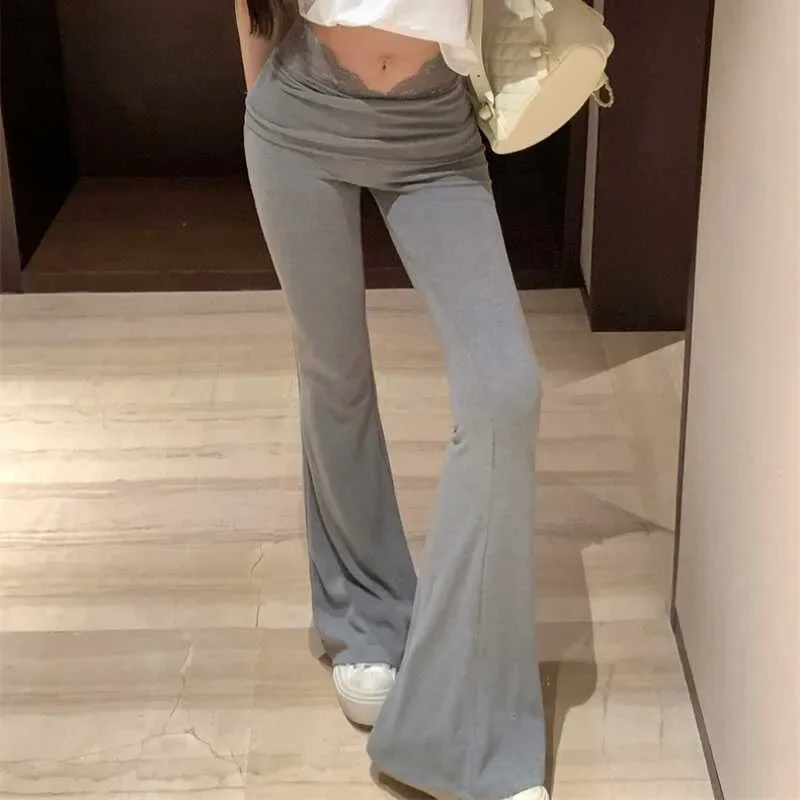 Summer Flare Pants For Women Lace High Waist Slim Fit Pantalon Femme 2025 New Bottoms Solid Color Fashion Sexy Korean Trousers