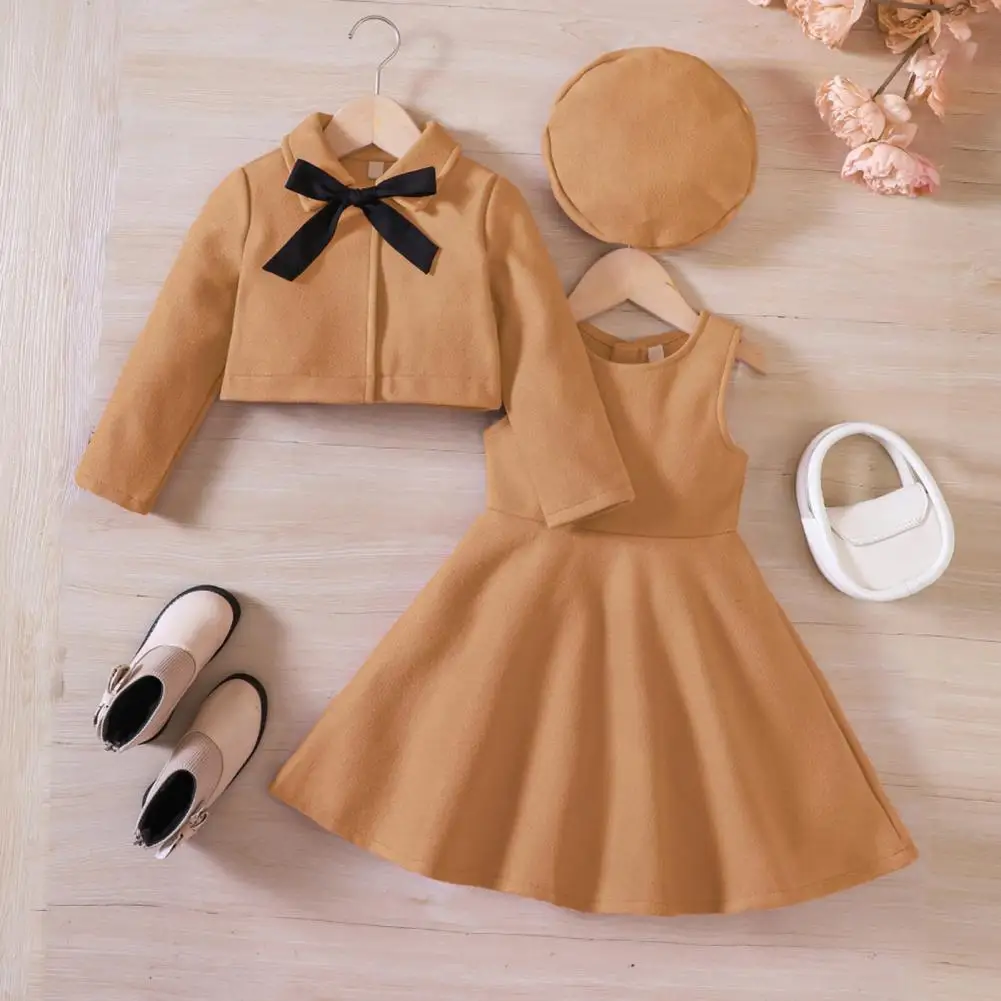 Kids Outfits Girl' Clothing Autumn Winter Series Long-sleeved Woolen Coat+Sleeveless Dress with Shoulder Hanging+Beret 4Pcs Set