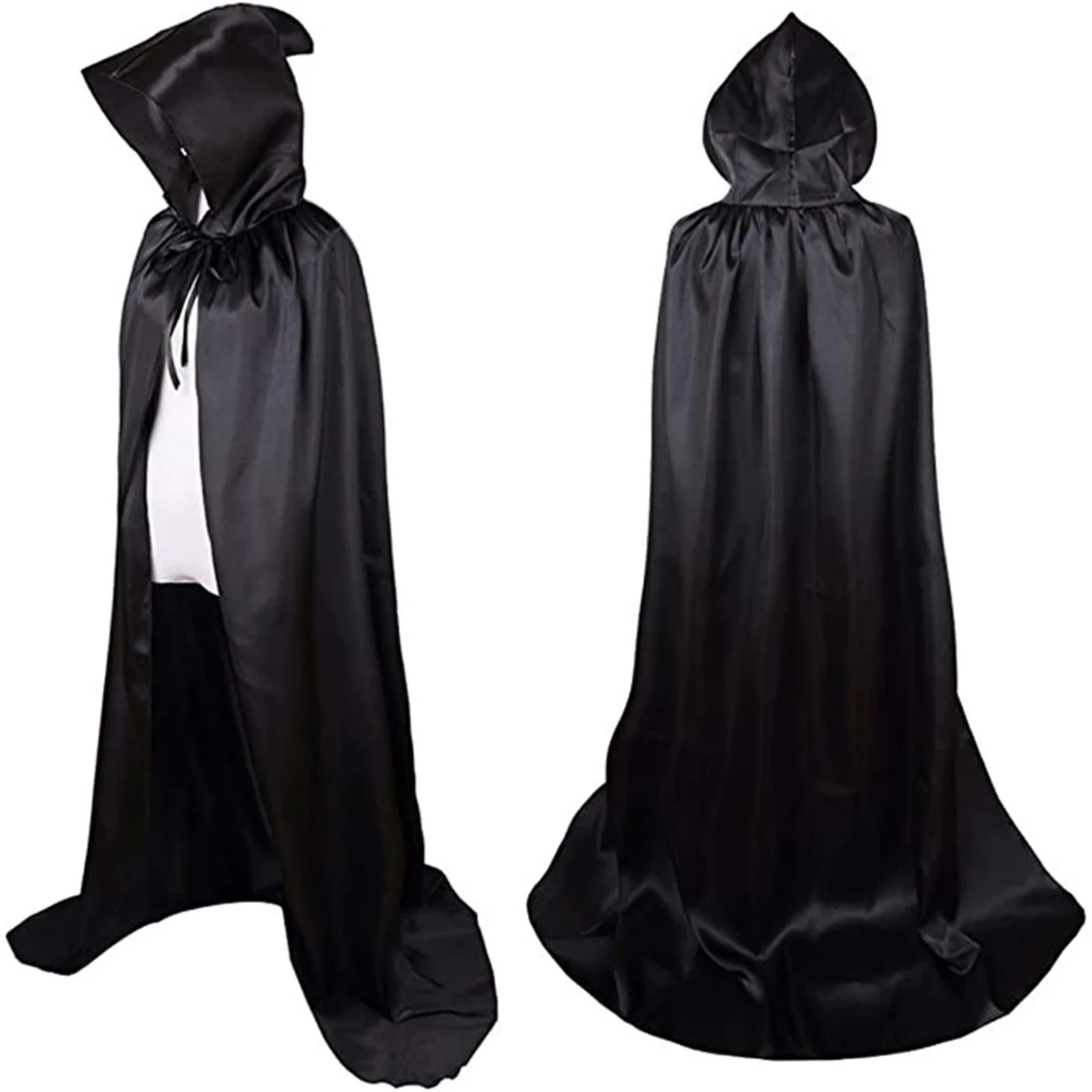 ハロウィンケープ1枚、3サイズあり。 スタンドカラーが特徴のサテン製の黒い死神のマントです。