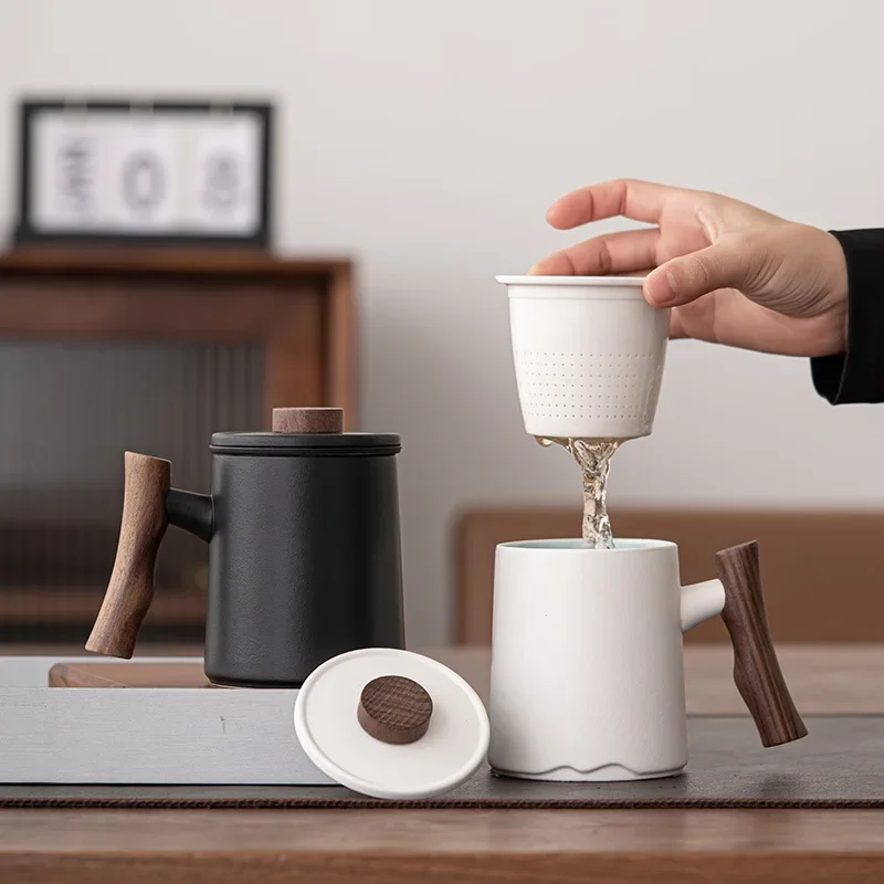 450ML Walnut Handle with Lid Tea Separation Aoki Office Cup All-porcelain Filter Hole Mug Large Capacity Drinking Water Tea Cup