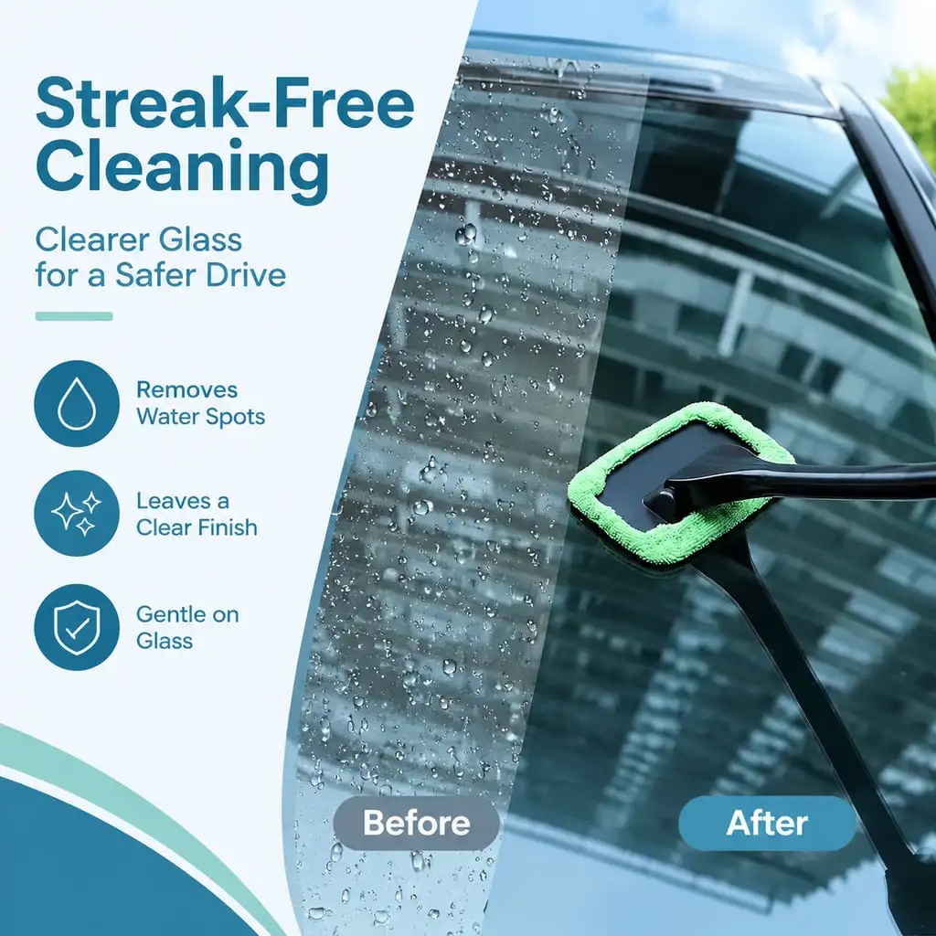 LANKE 1PC Car Window Cleaning Brush Long Handle 180° Rotating Head Removable Microfiber Cloth For Interior Glass Green Blue