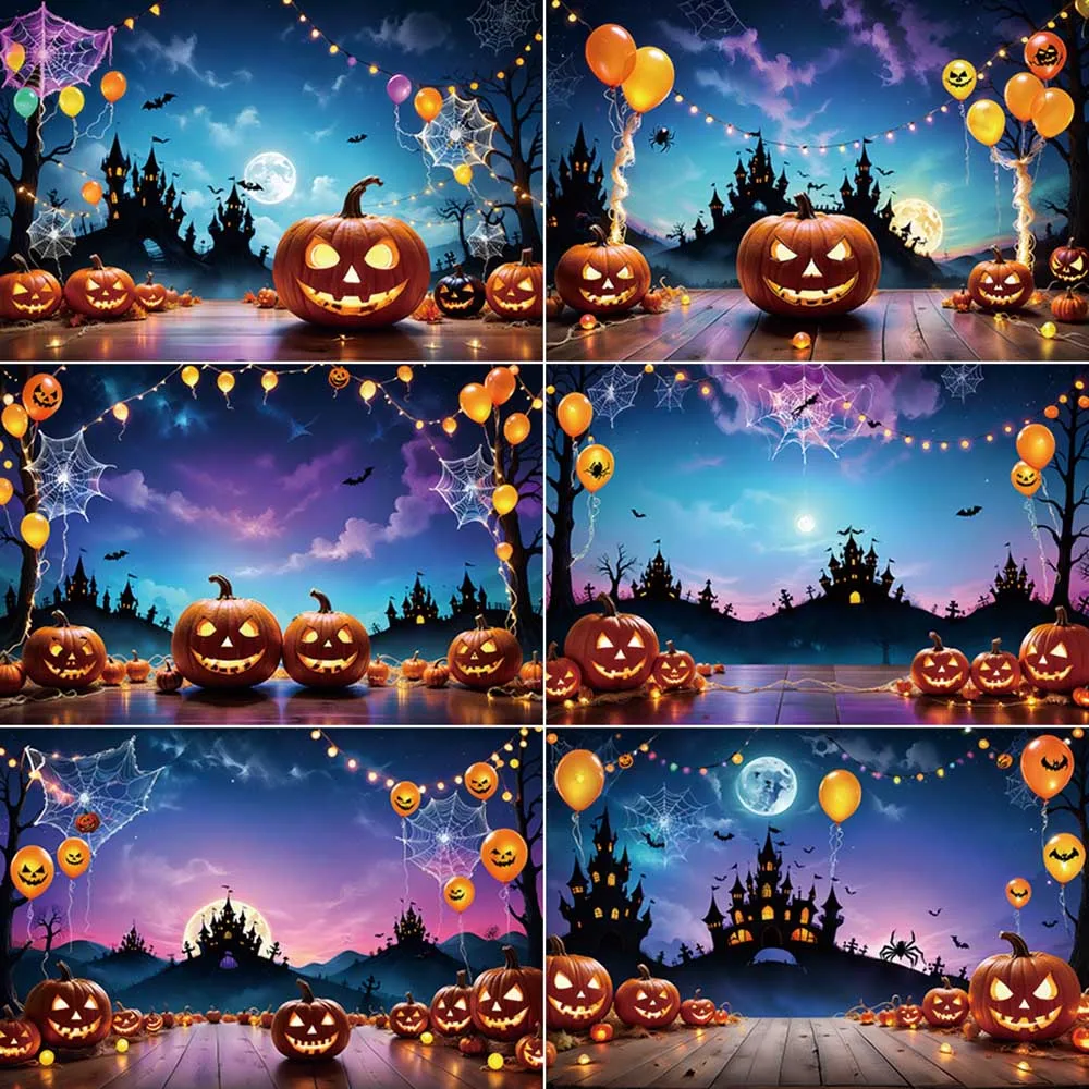 

MOON.QG Neon Halloween Party Child Photography Backdrop Pumpkin Lantern Castle Photographic Background Outdoor Photo Studio Prop