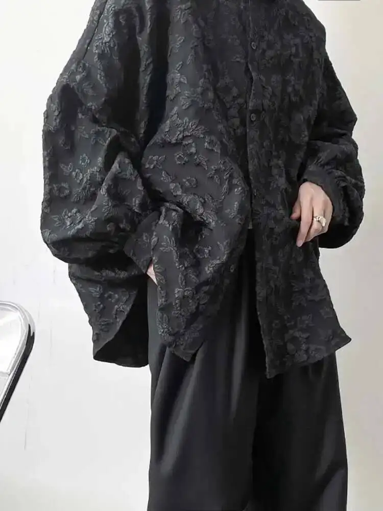 2XL White Crumpled Jacquard Shirt Loose Fashion Solid Color Casual Turn-Down Collar Top New All-Match Bat Wing Sleeve P7W