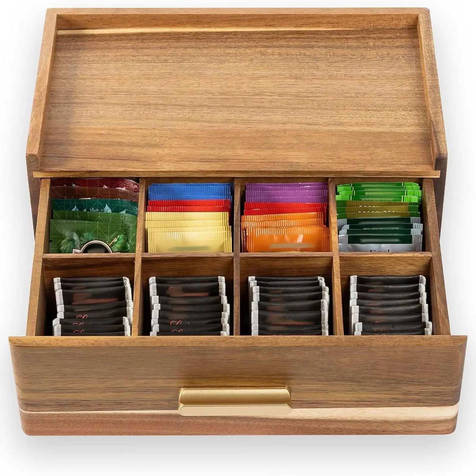 Caja de almacenamiento organizadora de bolsitas de té de madera con cajón para encimera de oficina en casa