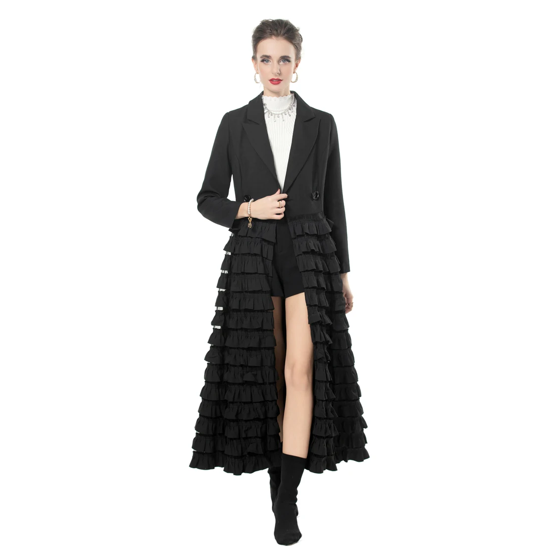 Vestidos trench femininos gola entalhada mangas compridas em camadas babados retalhos elegante moda vestido outerwear casaco